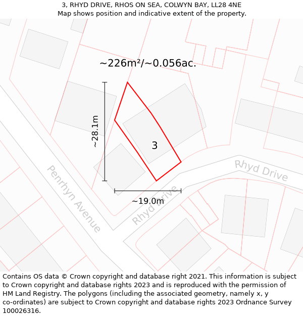 3, RHYD DRIVE, RHOS ON SEA, COLWYN BAY, LL28 4NE: Plot and title map