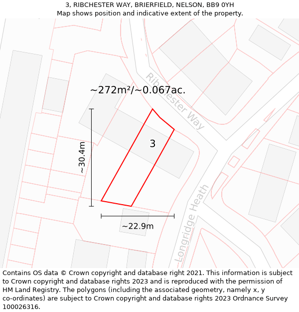 3, RIBCHESTER WAY, BRIERFIELD, NELSON, BB9 0YH: Plot and title map