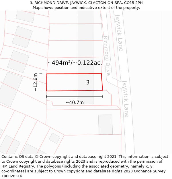 3, RICHMOND DRIVE, JAYWICK, CLACTON-ON-SEA, CO15 2PH: Plot and title map