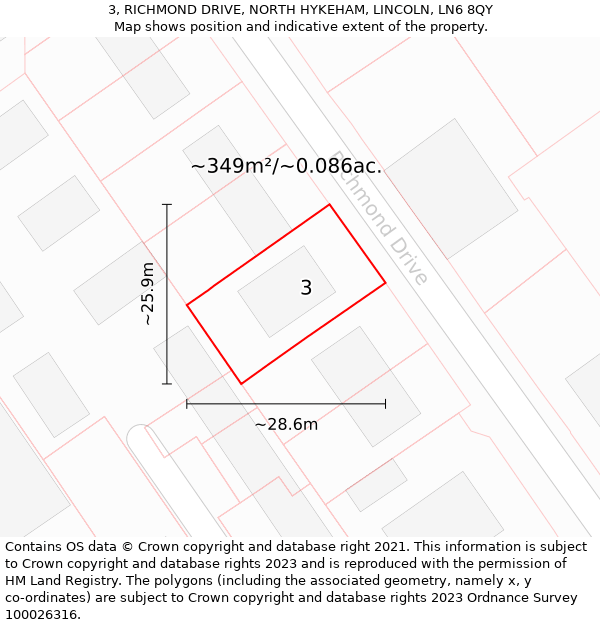 3, RICHMOND DRIVE, NORTH HYKEHAM, LINCOLN, LN6 8QY: Plot and title map