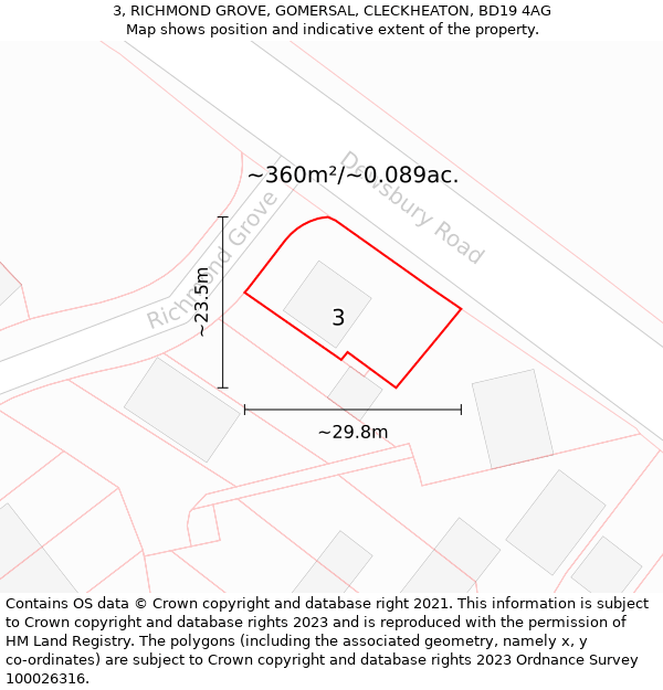 3, RICHMOND GROVE, GOMERSAL, CLECKHEATON, BD19 4AG: Plot and title map