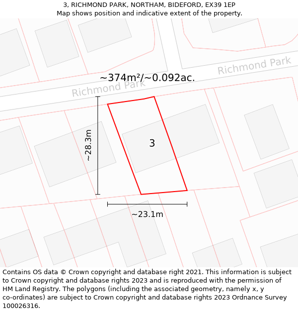 3, RICHMOND PARK, NORTHAM, BIDEFORD, EX39 1EP: Plot and title map