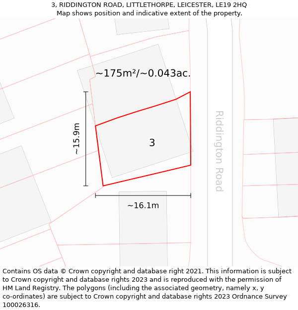 3, RIDDINGTON ROAD, LITTLETHORPE, LEICESTER, LE19 2HQ: Plot and title map