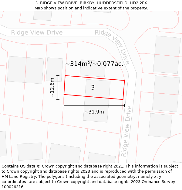 3, RIDGE VIEW DRIVE, BIRKBY, HUDDERSFIELD, HD2 2EX: Plot and title map