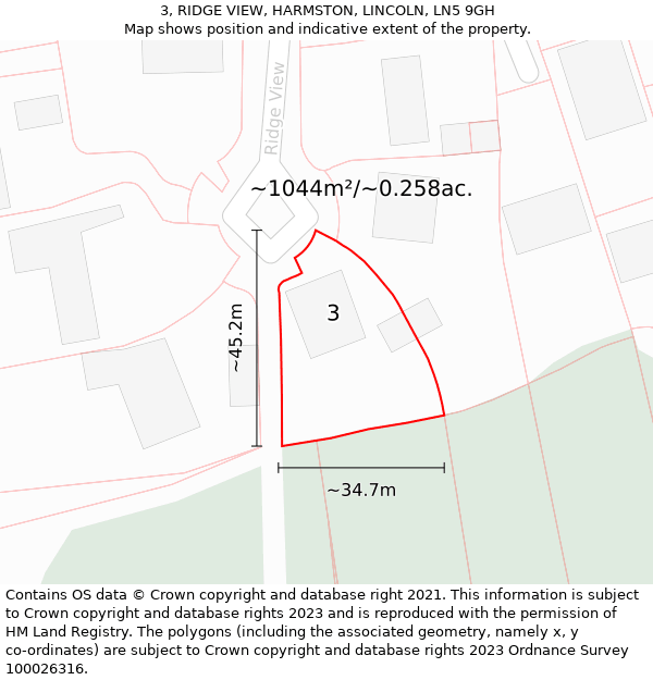 3, RIDGE VIEW, HARMSTON, LINCOLN, LN5 9GH: Plot and title map