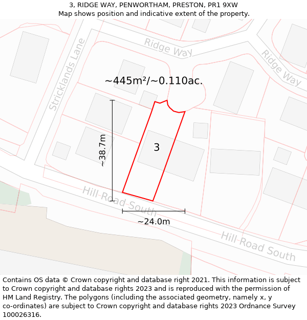 3, RIDGE WAY, PENWORTHAM, PRESTON, PR1 9XW: Plot and title map