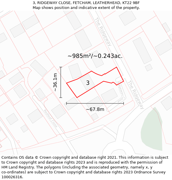 3, RIDGEWAY CLOSE, FETCHAM, LEATHERHEAD, KT22 9BF: Plot and title map