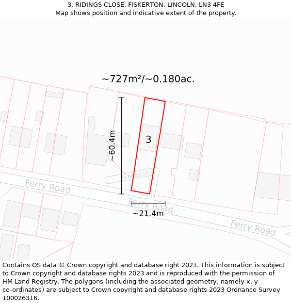 3, RIDINGS CLOSE, FISKERTON, LINCOLN, LN3 4FE: Plot and title map