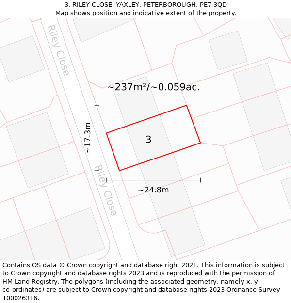 3, RILEY CLOSE, YAXLEY, PETERBOROUGH, PE7 3QD: Plot and title map