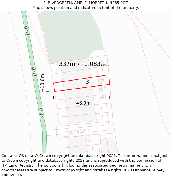 3, RIVERGREEN, AMBLE, MORPETH, NE65 0GZ: Plot and title map