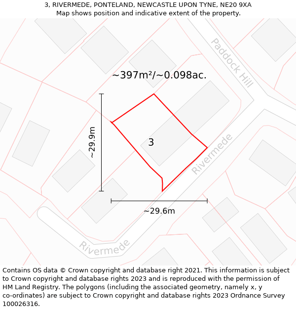 3, RIVERMEDE, PONTELAND, NEWCASTLE UPON TYNE, NE20 9XA: Plot and title map