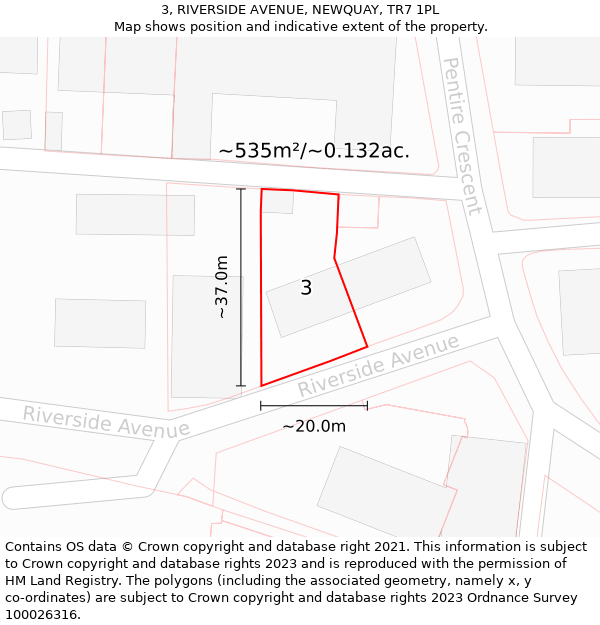 3, RIVERSIDE AVENUE, NEWQUAY, TR7 1PL: Plot and title map