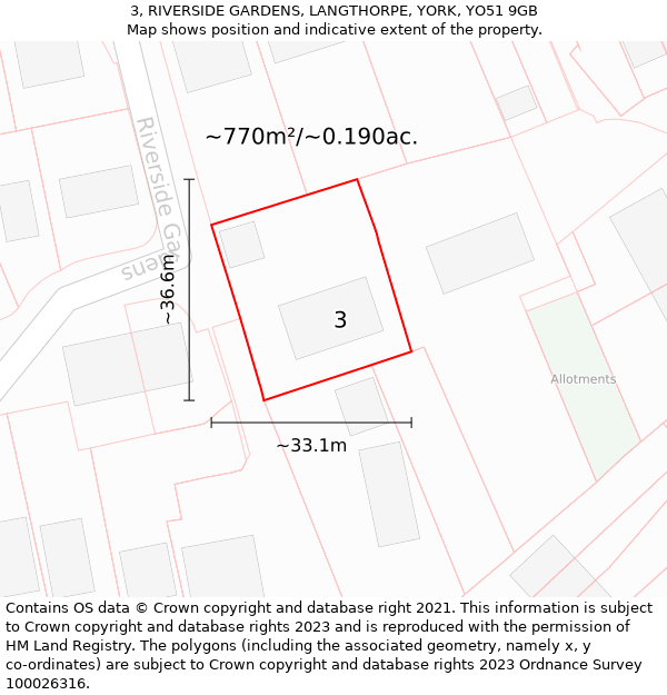 3, RIVERSIDE GARDENS, LANGTHORPE, YORK, YO51 9GB: Plot and title map