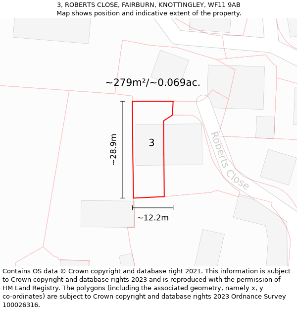 3, ROBERTS CLOSE, FAIRBURN, KNOTTINGLEY, WF11 9AB: Plot and title map