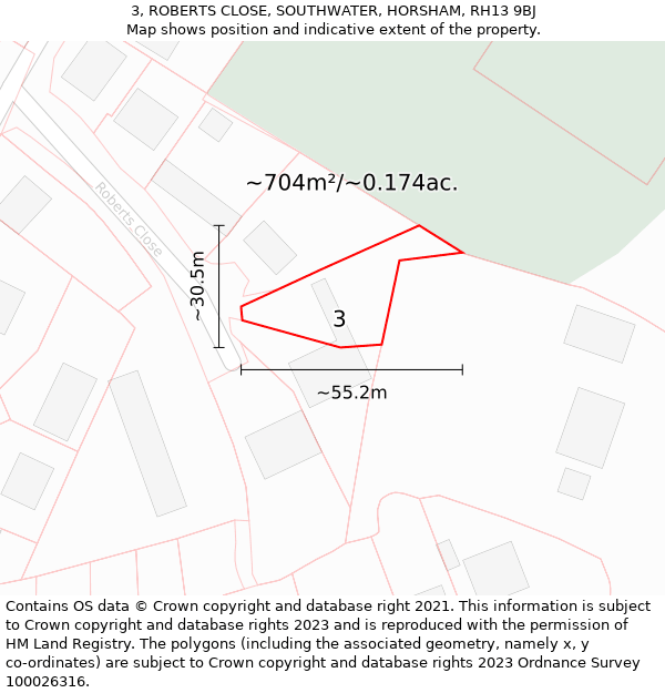 3, ROBERTS CLOSE, SOUTHWATER, HORSHAM, RH13 9BJ: Plot and title map