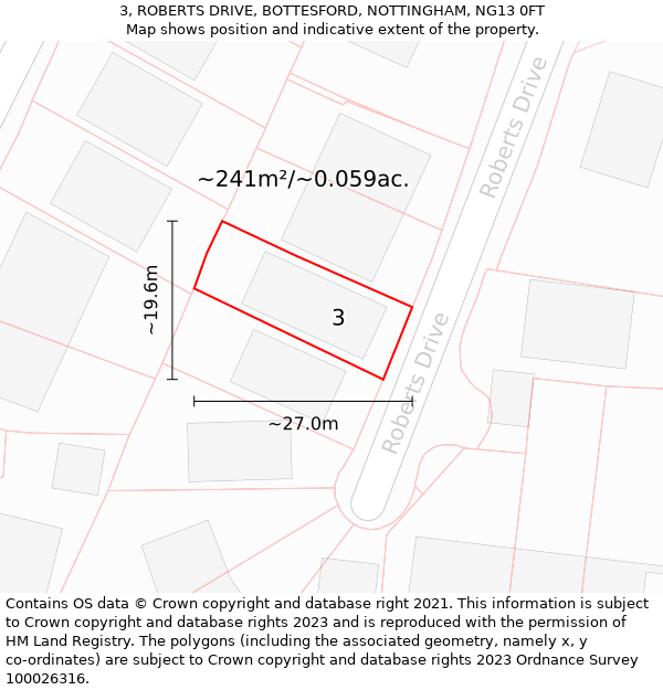 3, ROBERTS DRIVE, BOTTESFORD, NOTTINGHAM, NG13 0FT: Plot and title map