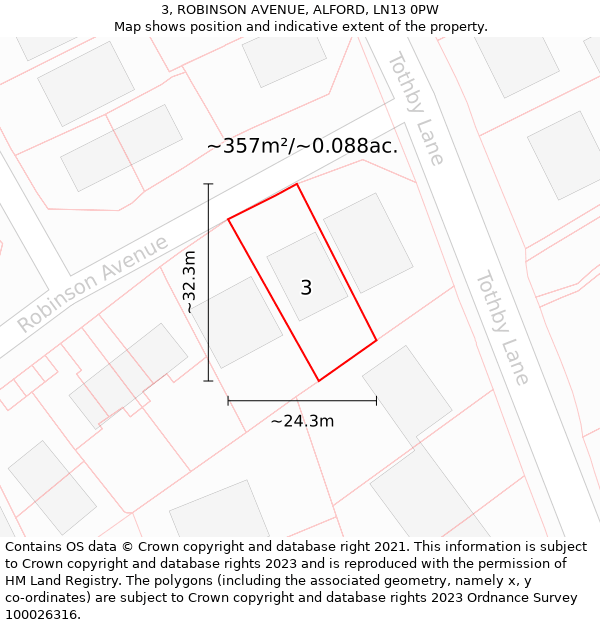 3, ROBINSON AVENUE, ALFORD, LN13 0PW: Plot and title map