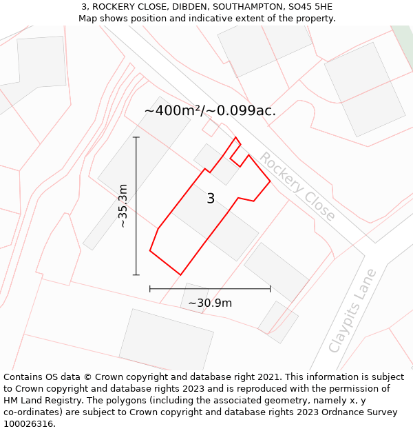 3, ROCKERY CLOSE, DIBDEN, SOUTHAMPTON, SO45 5HE: Plot and title map