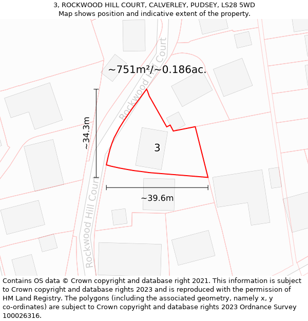 3, ROCKWOOD HILL COURT, CALVERLEY, PUDSEY, LS28 5WD: Plot and title map