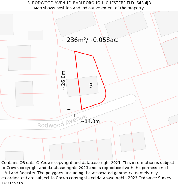 3, RODWOOD AVENUE, BARLBOROUGH, CHESTERFIELD, S43 4JB: Plot and title map