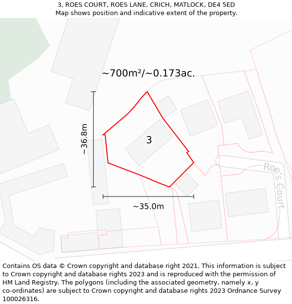 3, ROES COURT, ROES LANE, CRICH, MATLOCK, DE4 5ED: Plot and title map