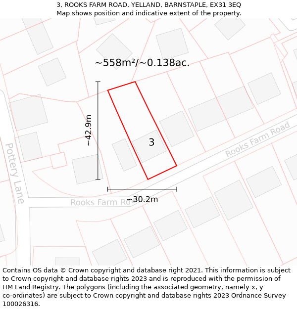 3, ROOKS FARM ROAD, YELLAND, BARNSTAPLE, EX31 3EQ: Plot and title map