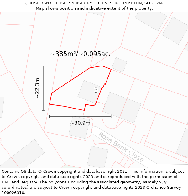 3, ROSE BANK CLOSE, SARISBURY GREEN, SOUTHAMPTON, SO31 7NZ: Plot and title map