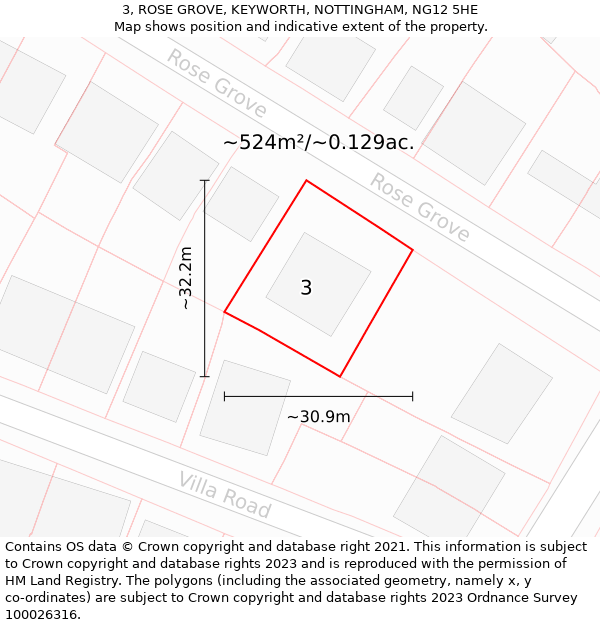 3, ROSE GROVE, KEYWORTH, NOTTINGHAM, NG12 5HE: Plot and title map