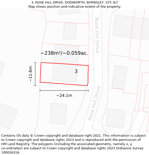 3, ROSE HILL DRIVE, DODWORTH, BARNSLEY, S75 3LY: Plot and title map