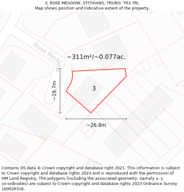 3, ROSE MEADOW, STITHIANS, TRURO, TR3 7RL: Plot and title map