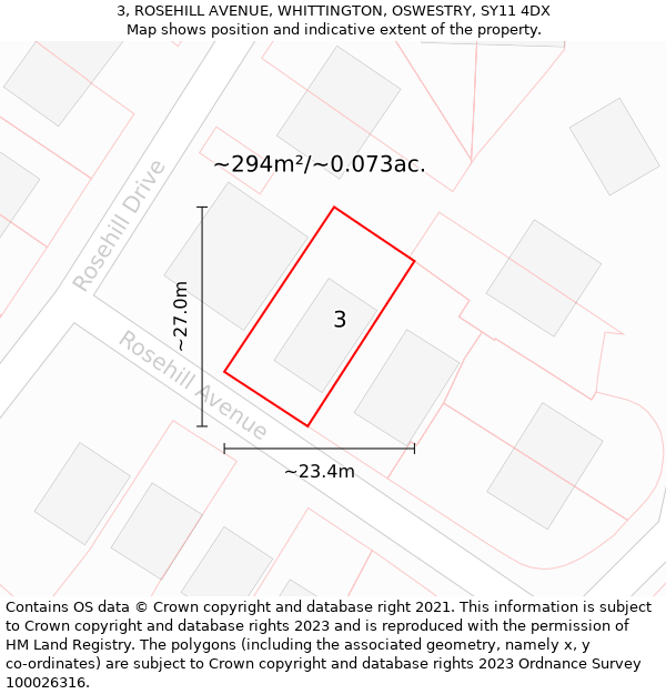 3, ROSEHILL AVENUE, WHITTINGTON, OSWESTRY, SY11 4DX: Plot and title map