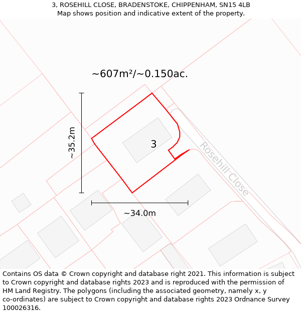 3, ROSEHILL CLOSE, BRADENSTOKE, CHIPPENHAM, SN15 4LB: Plot and title map