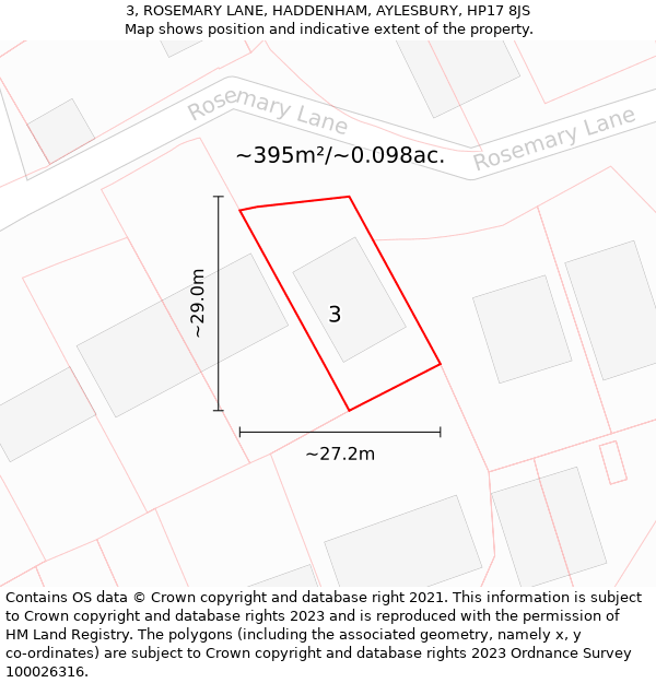 3, ROSEMARY LANE, HADDENHAM, AYLESBURY, HP17 8JS: Plot and title map