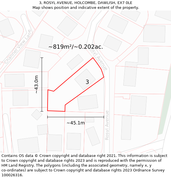 3, ROSYL AVENUE, HOLCOMBE, DAWLISH, EX7 0LE: Plot and title map