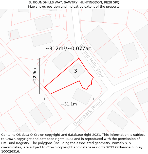 3, ROUNDHILLS WAY, SAWTRY, HUNTINGDON, PE28 5PQ: Plot and title map