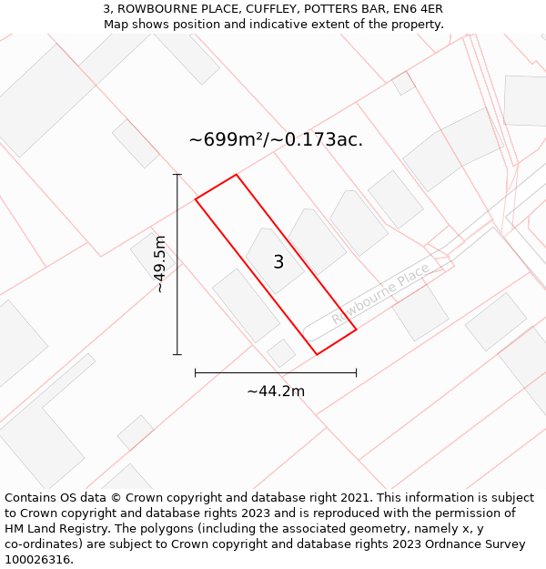 3, ROWBOURNE PLACE, CUFFLEY, POTTERS BAR, EN6 4ER: Plot and title map