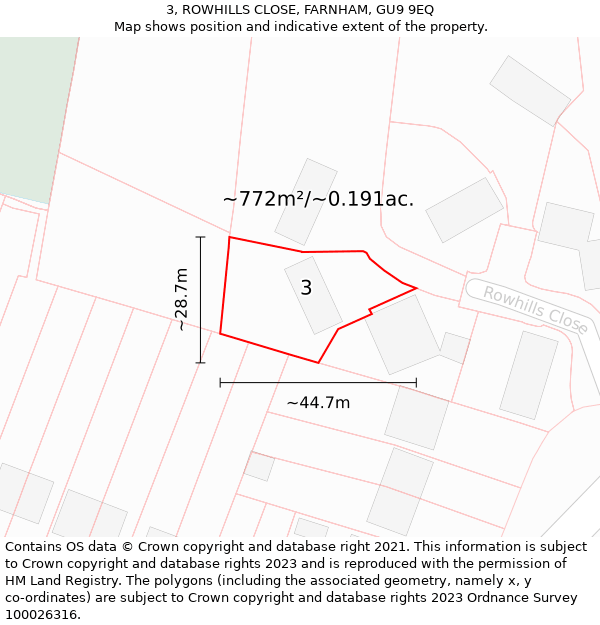 3, ROWHILLS CLOSE, FARNHAM, GU9 9EQ: Plot and title map