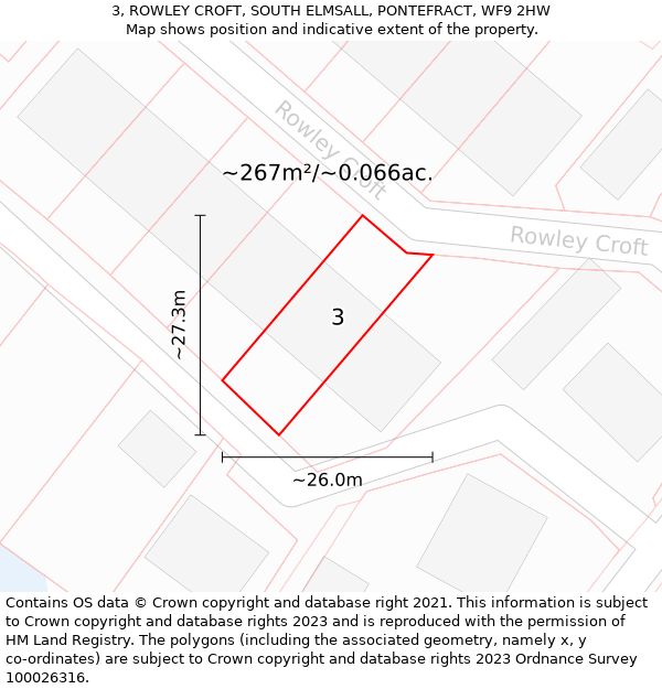 3, ROWLEY CROFT, SOUTH ELMSALL, PONTEFRACT, WF9 2HW: Plot and title map