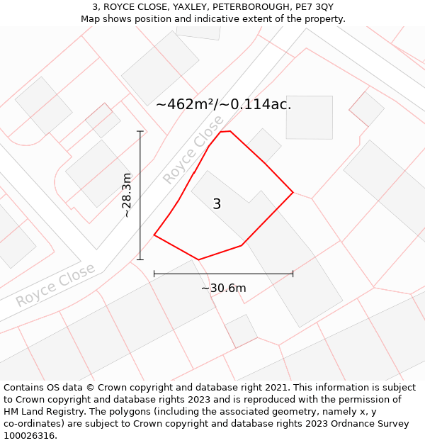 3, ROYCE CLOSE, YAXLEY, PETERBOROUGH, PE7 3QY: Plot and title map