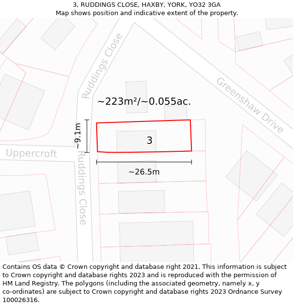 3, RUDDINGS CLOSE, HAXBY, YORK, YO32 3GA: Plot and title map