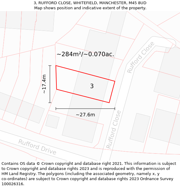 3, RUFFORD CLOSE, WHITEFIELD, MANCHESTER, M45 8UD: Plot and title map