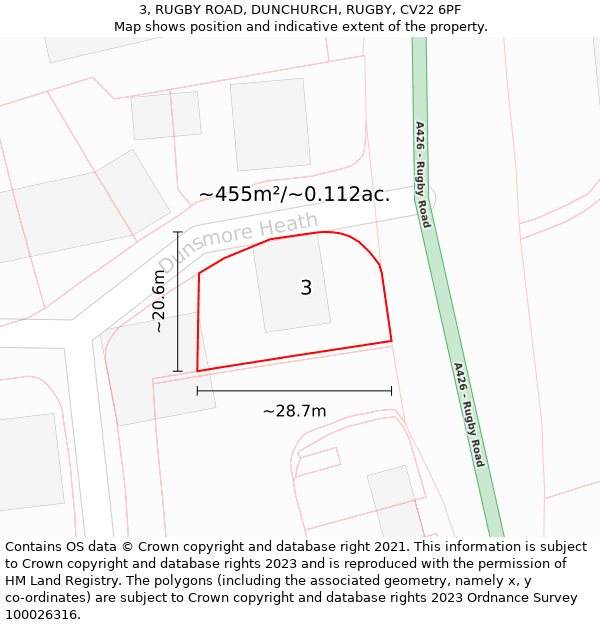 3, RUGBY ROAD, DUNCHURCH, RUGBY, CV22 6PF: Plot and title map