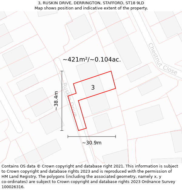 3, RUSKIN DRIVE, DERRINGTON, STAFFORD, ST18 9LD: Plot and title map