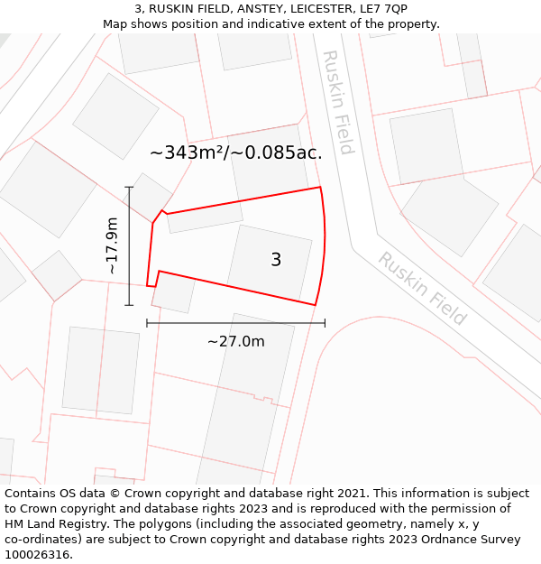 3, RUSKIN FIELD, ANSTEY, LEICESTER, LE7 7QP: Plot and title map