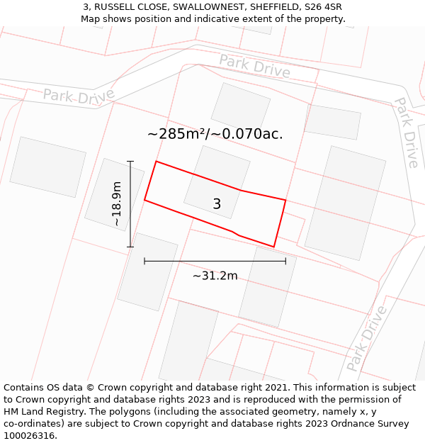 3, RUSSELL CLOSE, SWALLOWNEST, SHEFFIELD, S26 4SR: Plot and title map