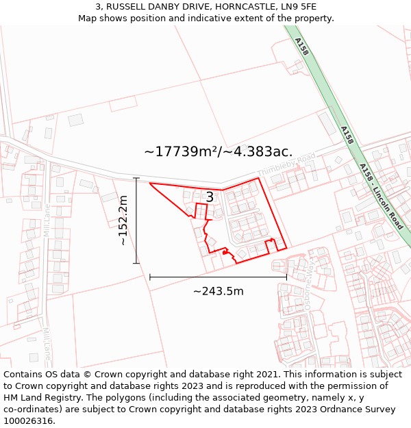 3, RUSSELL DANBY DRIVE, HORNCASTLE, LN9 5FE: Plot and title map