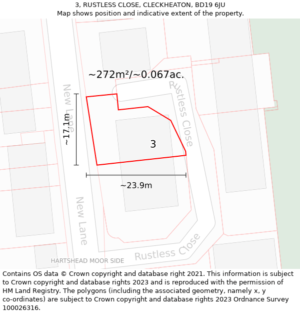 3, RUSTLESS CLOSE, CLECKHEATON, BD19 6JU: Plot and title map