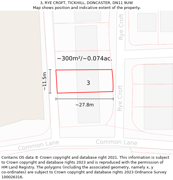 3, RYE CROFT, TICKHILL, DONCASTER, DN11 9UW: Plot and title map