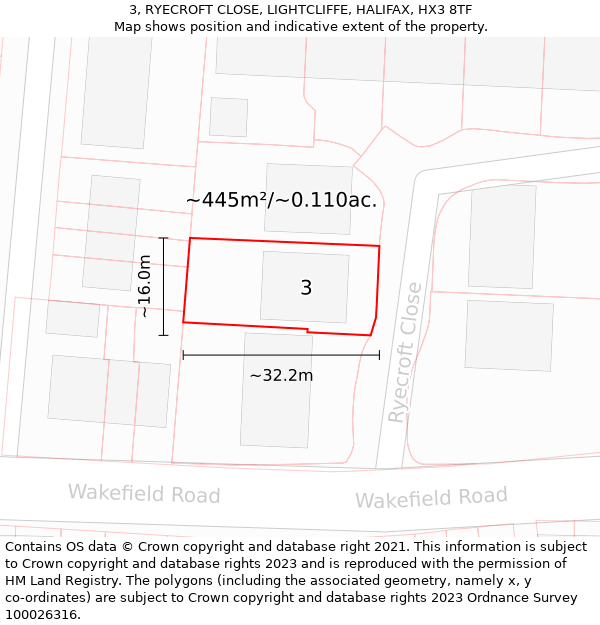 3, RYECROFT CLOSE, LIGHTCLIFFE, HALIFAX, HX3 8TF: Plot and title map