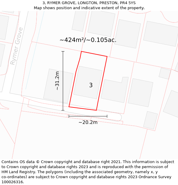 3, RYMER GROVE, LONGTON, PRESTON, PR4 5YS: Plot and title map